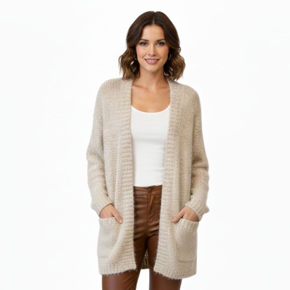 Express Fuzzy Boucle Beige Open-Front Cardigan - … - image 2